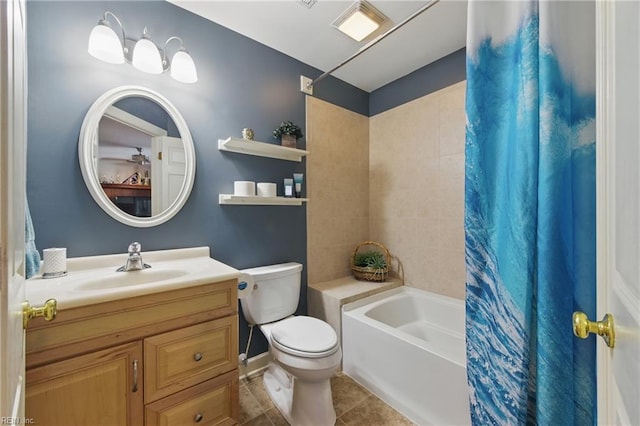 bathroom featuring tile patterned floors, vanity, toilet, and shower / bath combination with curtain