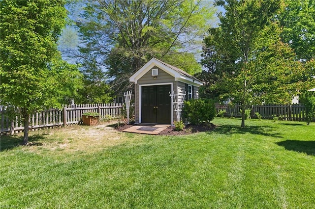 view of shed with a fenced backyard