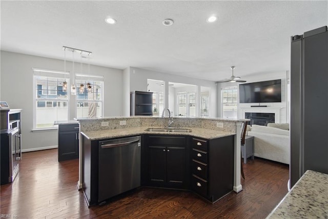 kitchen featuring ceiling fan, a sink, open floor plan, stainless steel dishwasher, and dark wood-style floors