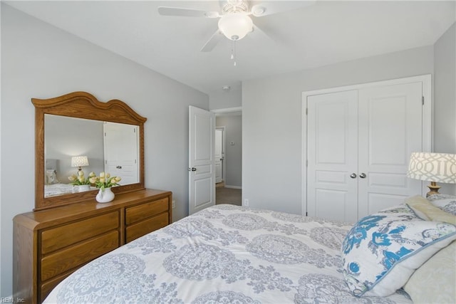 bedroom with ceiling fan and a closet