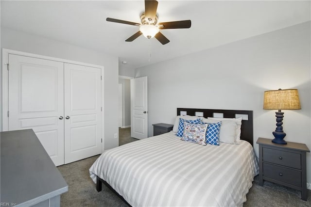bedroom featuring a closet, carpet flooring, and ceiling fan