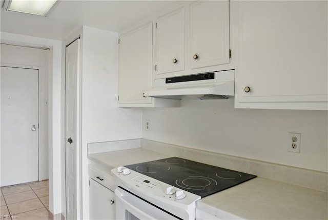 2830 Shore Dr Unit 900, Virginia Beach, VA 23451 - kitchen featuring under cabinet range hood, white cabinetry, white range with electric stovetop, and light countertops