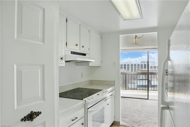 2830 Shore Dr Unit 900, Virginia Beach, VA 23451 - kitchen featuring white cabinets, light carpet, white appliances, light countertops, and under cabinet range hood