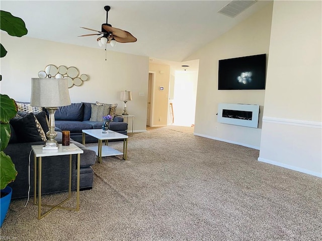 carpeted living area with visible vents, lofted ceiling, a fireplace, baseboards, and ceiling fan