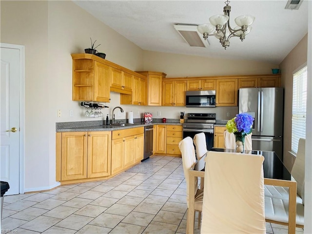 kitchen with open shelves, vaulted ceiling, a sink, an inviting chandelier, and stainless steel appliances