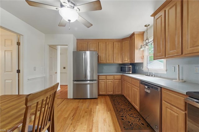 kitchen with a sink, light countertops, a ceiling fan, light wood finished floors, and appliances with stainless steel finishes