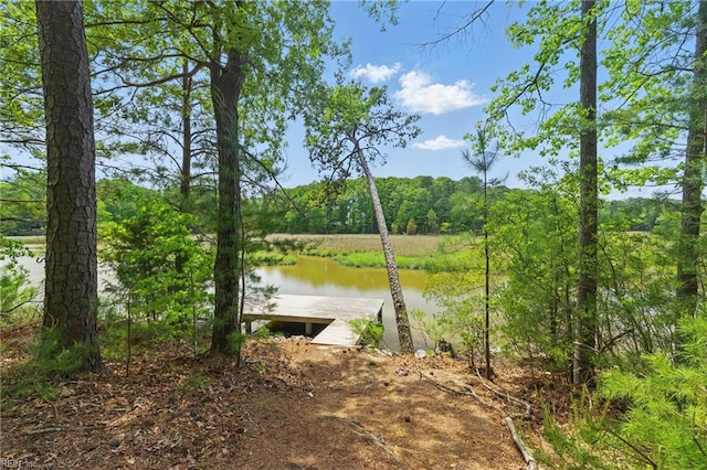 view of dock with a water view and a wooded view