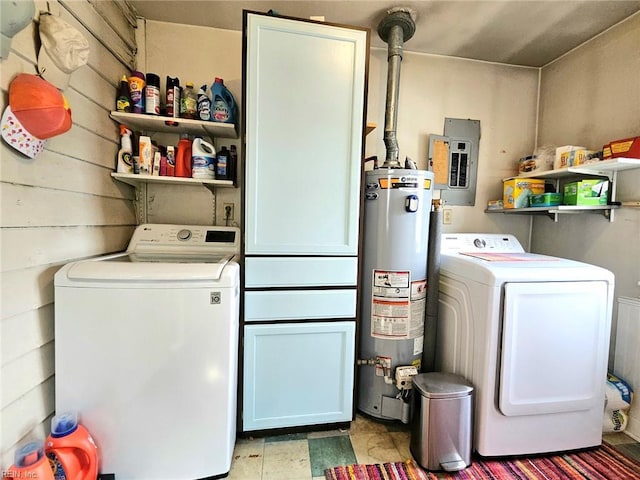 laundry area with water heater, electric panel, washing machine and dryer, and cabinet space