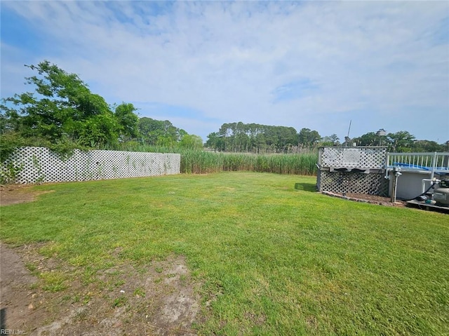 view of yard featuring fence and a fenced in pool