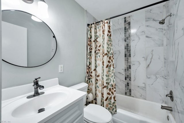 full bath featuring toilet, shower / bath combo, and vanity