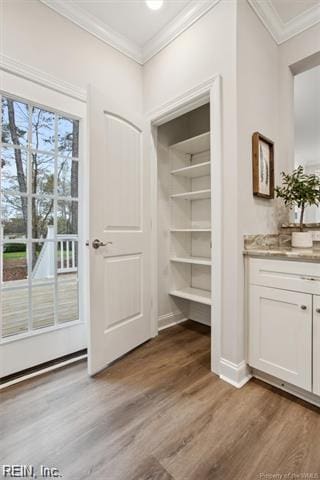 3009 Ridge Dr, Toano, VA 23168 - mudroom featuring crown molding, baseboards, and dark wood-style floors