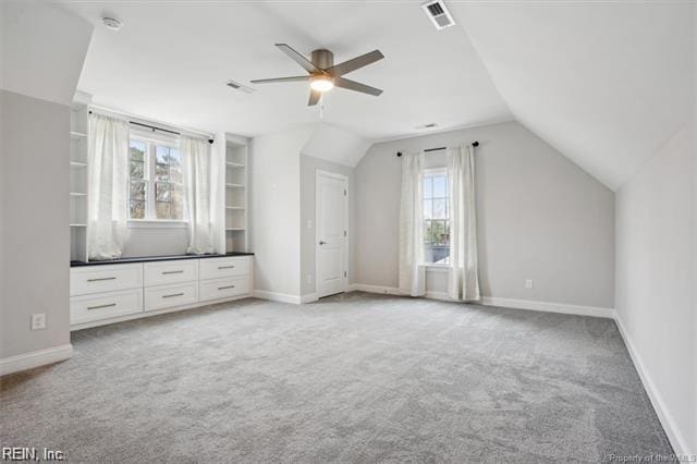 3009 Ridge Dr, Toano, VA 23168 - bonus room with light colored carpet, visible vents, a ceiling fan, baseboards, and vaulted ceiling