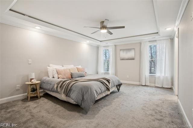 3009 Ridge Dr, Toano, VA 23168 - carpeted bedroom with crown molding, a raised ceiling, and baseboards