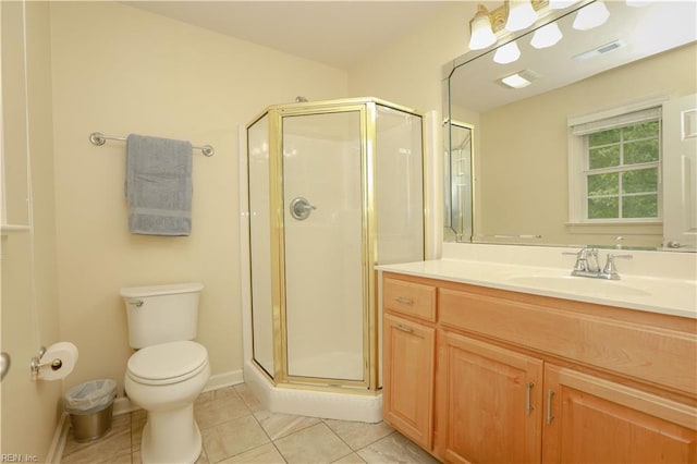 bathroom featuring visible vents, a stall shower, vanity, tile patterned floors, and toilet
