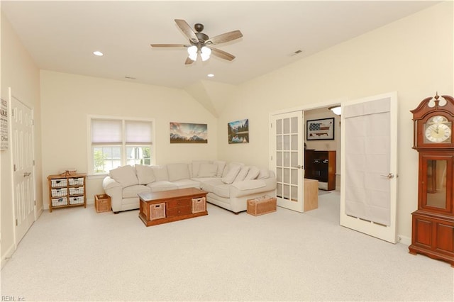 carpeted living room with ceiling fan, french doors, recessed lighting, and visible vents