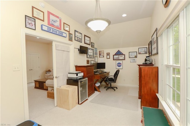 office area featuring recessed lighting, baseboards, and light carpet