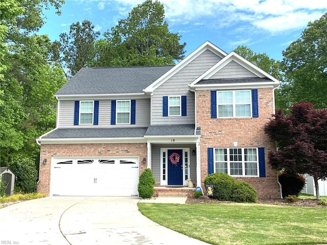 view of front of home with roof with shingles, brick siding, a garage, a front yard, and driveway