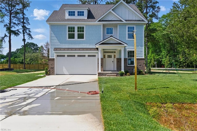 view of front facade featuring driveway, a garage, a standing seam roof, roof with shingles, and board and batten siding
