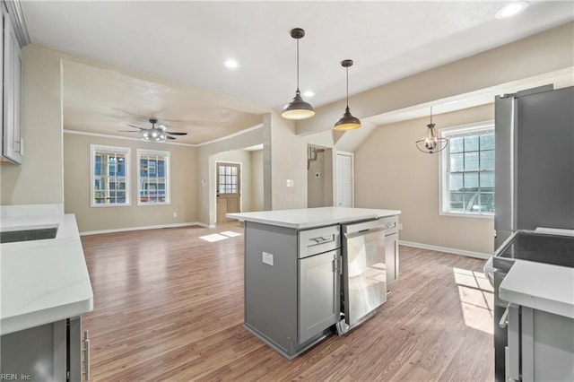 2509 Tidewater Dr, Norfolk, VA 23504 - kitchen featuring baseboards, gray cabinetry, light countertops, recessed lighting, and light wood-type flooring