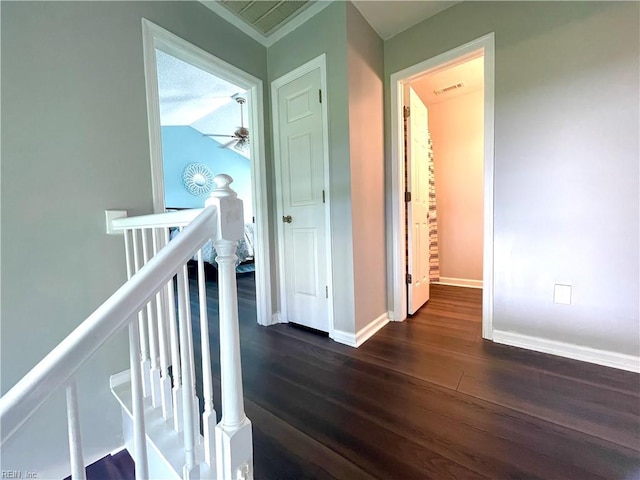 1304 Fernham Ln, Chesapeake, VA 23322 - hallway with baseboards, an upstairs landing, dark wood-type flooring, visible vents, and ornamental molding