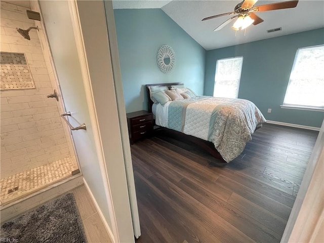 1304 Fernham Ln, Chesapeake, VA 23322 - bedroom with visible vents, dark wood-style flooring, baseboards, a ceiling fan, and vaulted ceiling