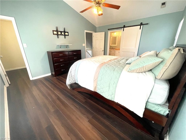 1304 Fernham Ln, Chesapeake, VA 23322 - bedroom featuring visible vents, lofted ceiling, baseboards, a barn door, and dark wood finished floors