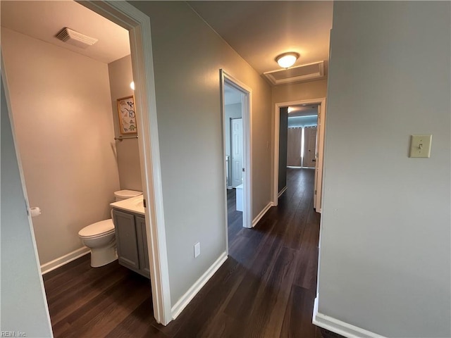 1304 Fernham Ln, Chesapeake, VA 23322 - corridor featuring baseboards, attic access, dark wood-type flooring, and visible vents