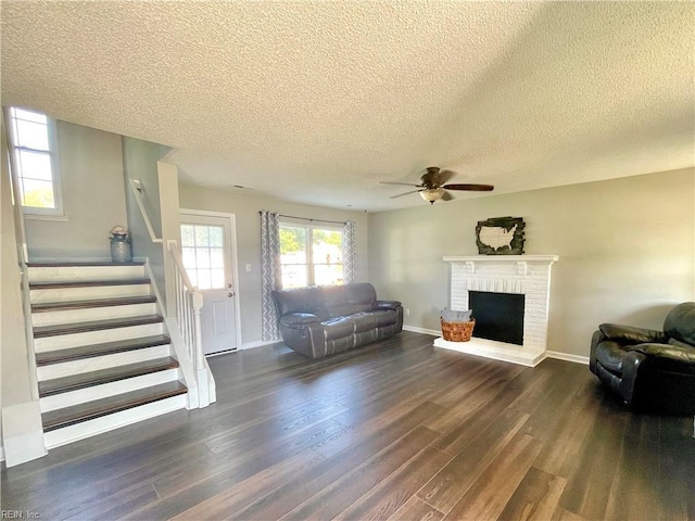 1304 Fernham Ln, Chesapeake, VA 23322 - living room featuring baseboards, dark wood-style floors, stairway, a textured ceiling, and a ceiling fan