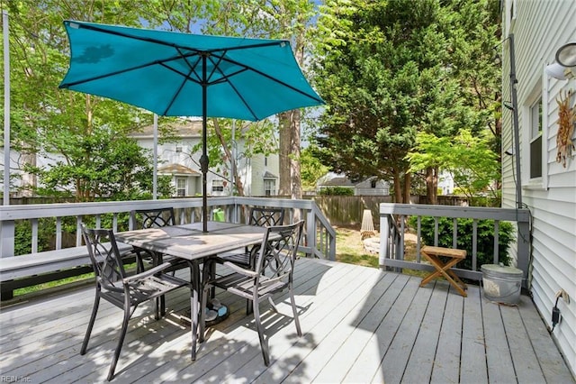 wooden deck with a fenced backyard and outdoor dining space