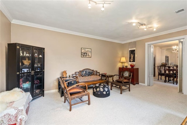 interior space featuring visible vents, baseboards, crown molding, and an inviting chandelier
