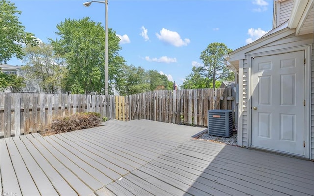 deck featuring central air condition unit and a fenced backyard