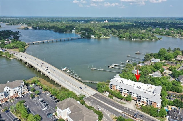 bird's eye view of a notable bridge and a large body of water