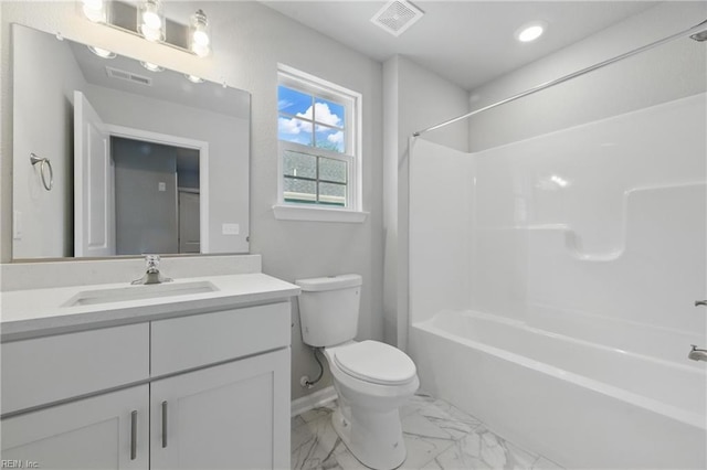full bathroom with visible vents, marble finish floor, toilet, and vanity
