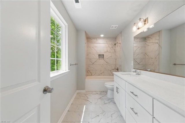 full bath with visible vents, vanity, marble finish floor, toilet, and baseboards