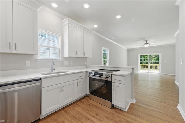 kitchen with ornamental molding, a peninsula, a sink, light wood finished floors, and stainless steel appliances