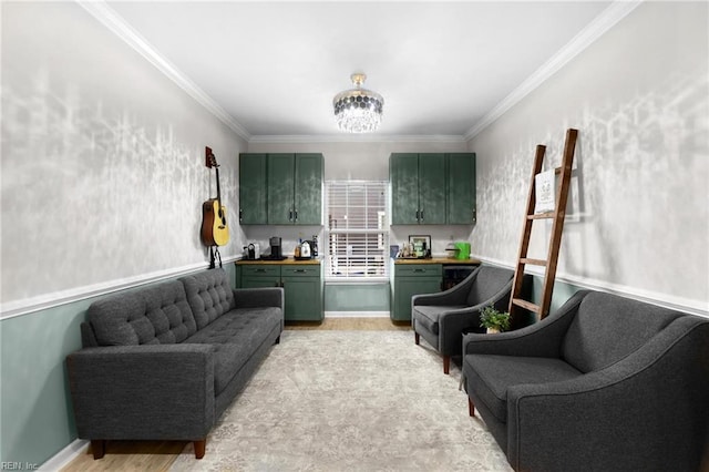 living area with ornamental molding, light wood finished floors, and a chandelier
