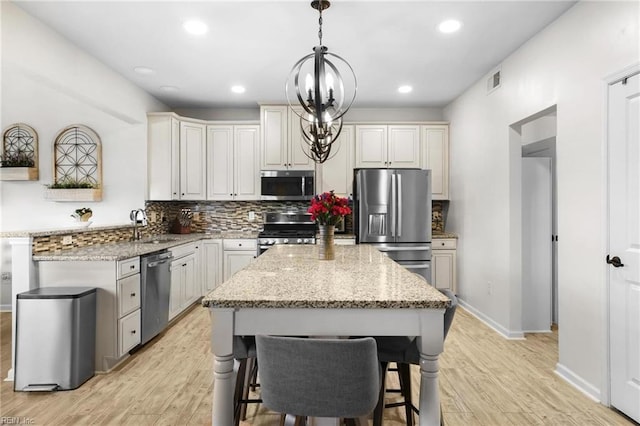 kitchen with a center island, tasteful backsplash, stainless steel appliances, and visible vents