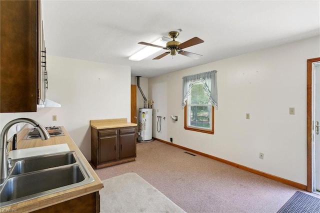 1365 Old Buckroe Rd, Hampton, VA 23663 - kitchen with gas water heater, a ceiling fan, a sink, baseboards, and light carpet