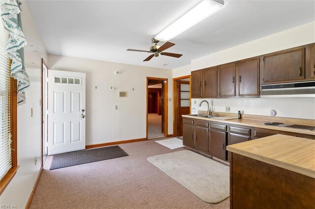 1365 Old Buckroe Rd, Hampton, VA 23663 - kitchen featuring dark brown cabinets, ceiling fan, light countertops, electric stovetop, and under cabinet range hood