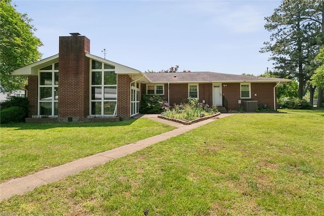 1365 Old Buckroe Rd, Hampton, VA 23663 - ranch-style home featuring a chimney, cooling unit, brick siding, and a front yard