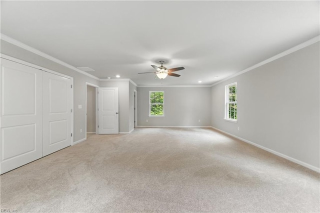 unfurnished room with baseboards, ornamental molding, a ceiling fan, and recessed lighting