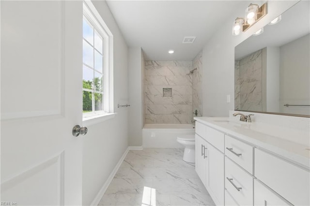 bathroom with visible vents, vanity, marble finish floor, toilet, and baseboards