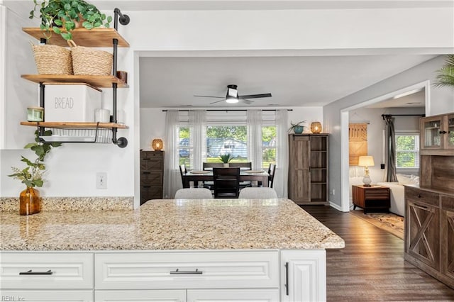 kitchen featuring white cabinetry, ceiling fan, light stone counters, and dark wood-type flooring