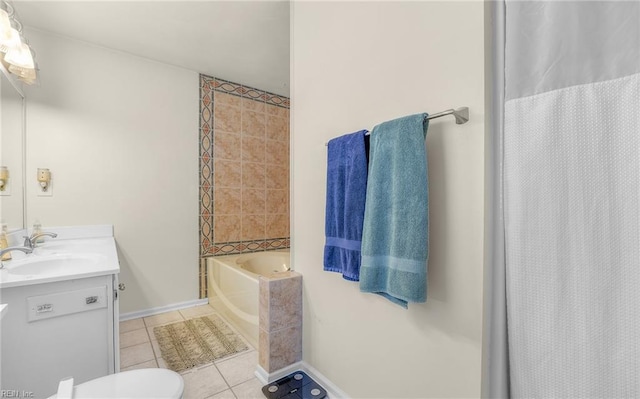 bathroom featuring a garden tub, a shower with shower curtain, tile patterned floors, and vanity