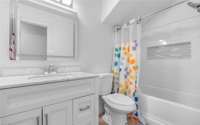 full bath with toilet, shower / bath combination with curtain, lofted ceiling, and vanity