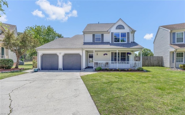 traditional-style house featuring a garage, fence, covered porch, a front yard, and concrete driveway