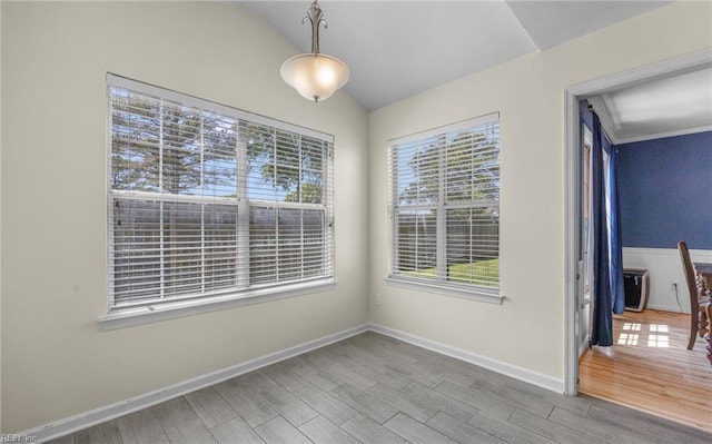 unfurnished dining area featuring baseboards, plenty of natural light, wood finished floors, and lofted ceiling