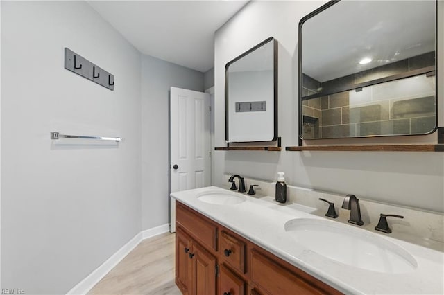 bathroom featuring baseboards, a sink, wood finished floors, and double vanity