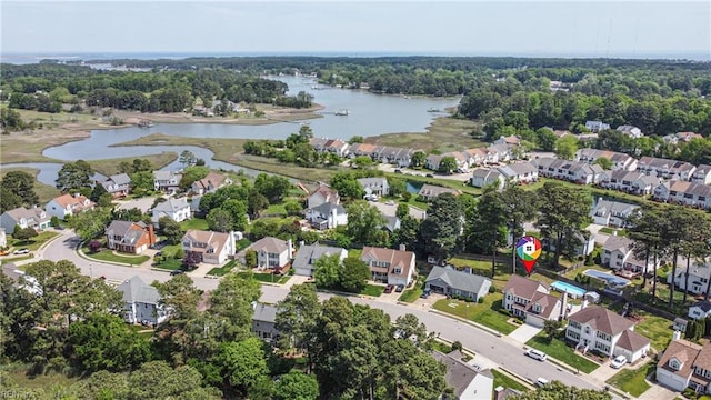 aerial view with a water view and a residential view