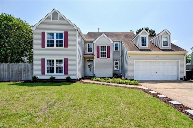view of front of home featuring fence, an attached garage, concrete driveway, and a front yard